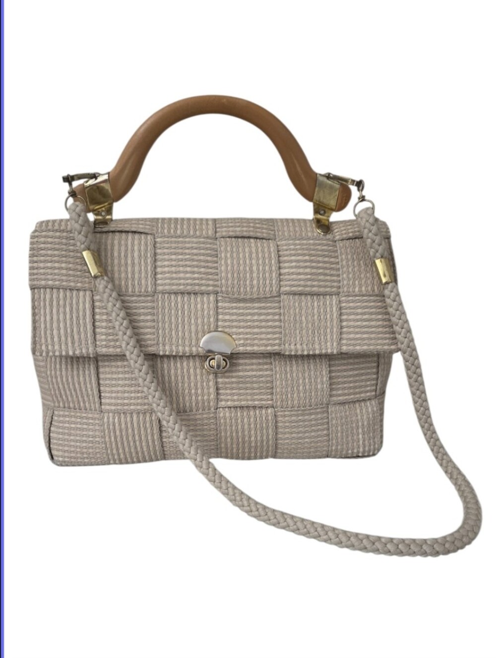 ​vintage italian beige woven fabric top handle bag wooden handle braided strap
